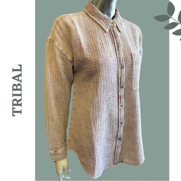 Tribal Casual Long Sleeve Button Down Collared Shirt Textured Waffle Grape XS - Picture 6 of 8